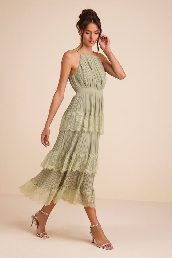 Came For Cocktails Light Blue Pleated Tiered Lace Maxi Dress
