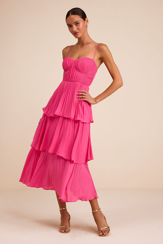 Cascading Crush Light Blue Tiered Bustier Midi Dress