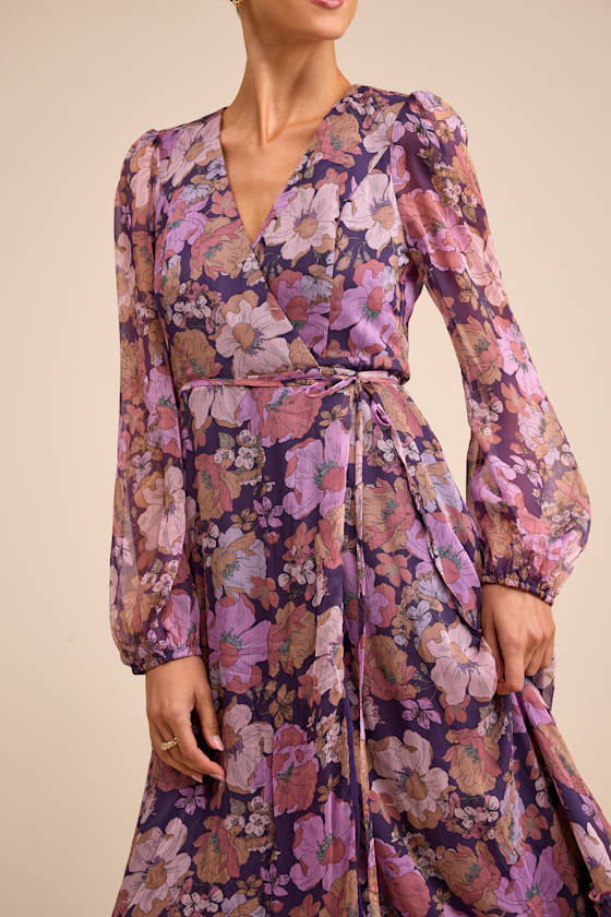 Feeling Sweet Navy Floral Print Long Sleeve Wrap Maxi Dress