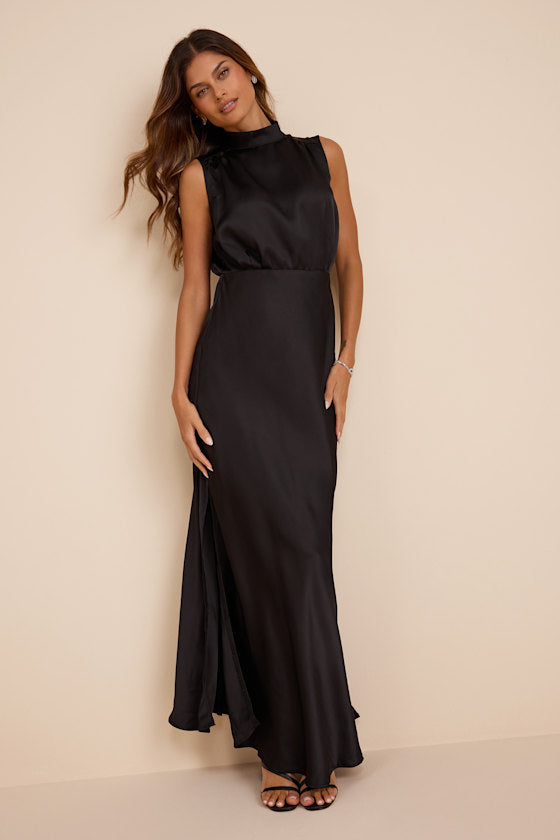 Classic Elegance Olive Satin Sleeveless Mock Neck Maxi Dress