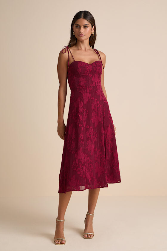 Loveliest Looks Blush Pink Floral Jacquard Tie-Strap Midi Dress