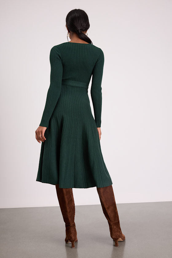 Warm Emotions Emerald Green Skater Midi Sweater Dress