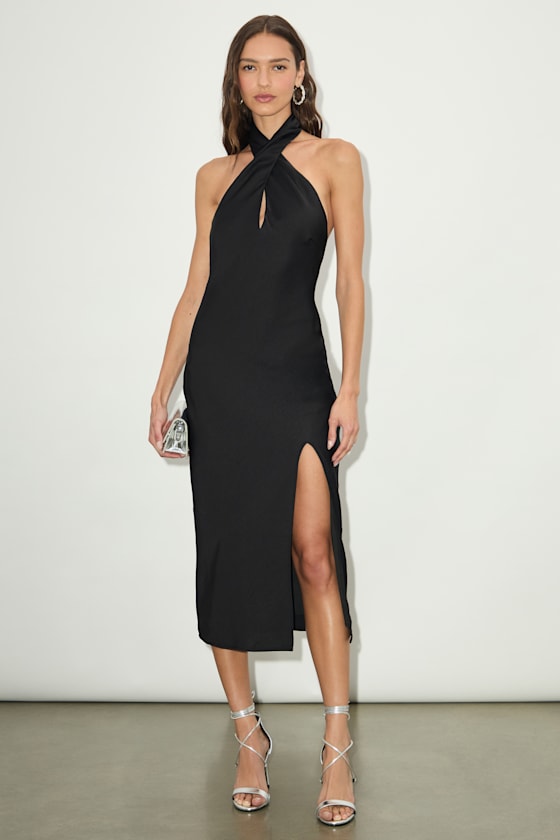 Beyond Classy Brown Satin Halter Midi Dress