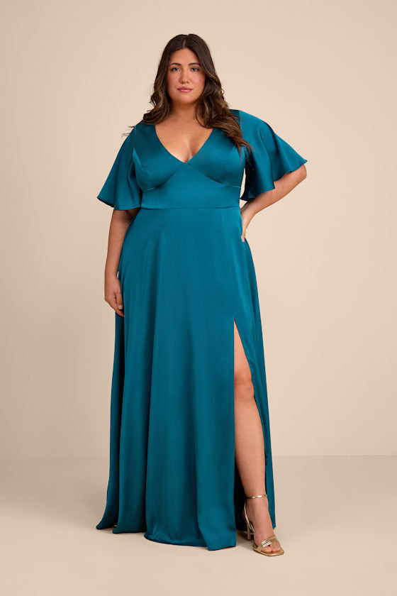 Elegant Confidence White Satin Flutter Sleeve Cutout Maxi Dress