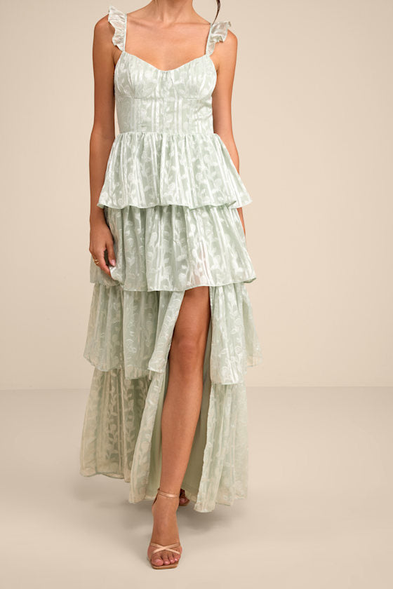 Stunning Glory Light Pink Floral Jacquard Tiered Maxi Dress
