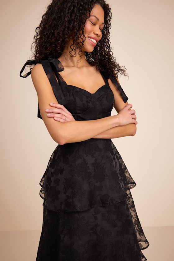 Glamorous Sweetie Black Burnout Tie-Strap Bustier Midi Dress