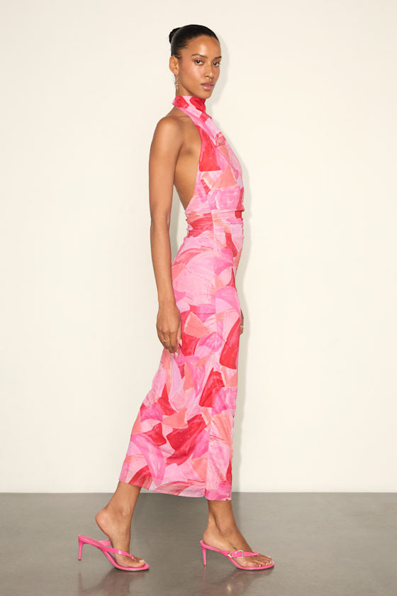 Idyllic in Ibiza Blue Abstract Print Mock Neck Halter Midi Dress