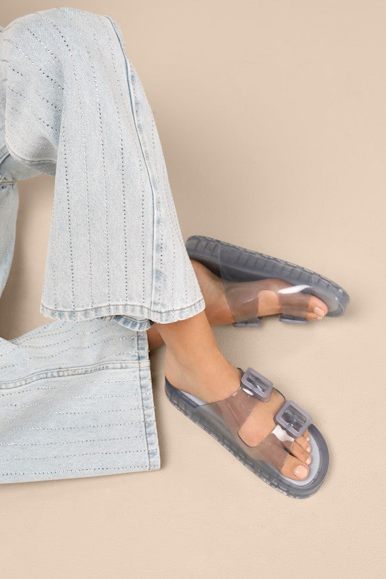 Julio Dusty Blue Vinyl Buckle Slide Sandals