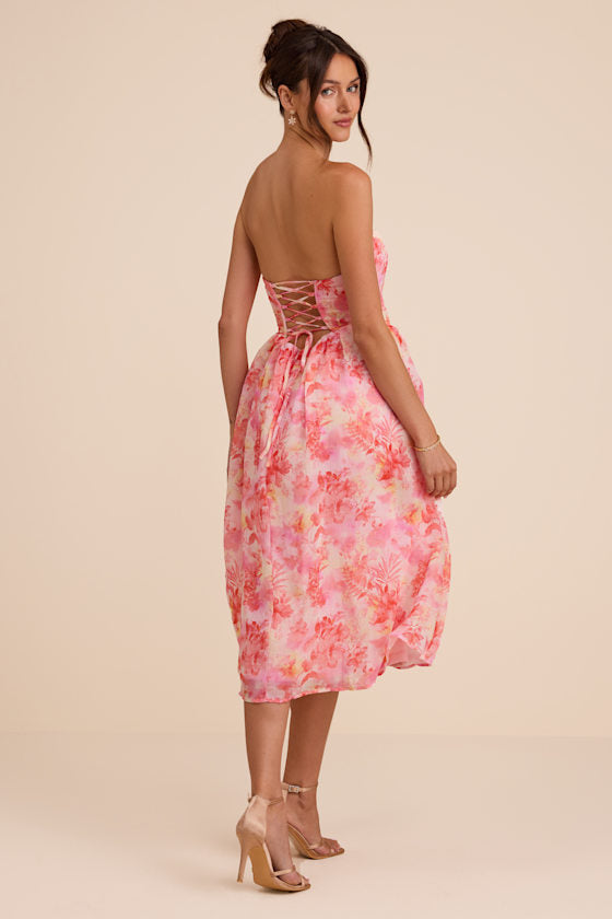 Eulalia Dark Blue Floral Lace-Up Strapless Bustier Midi Dress
