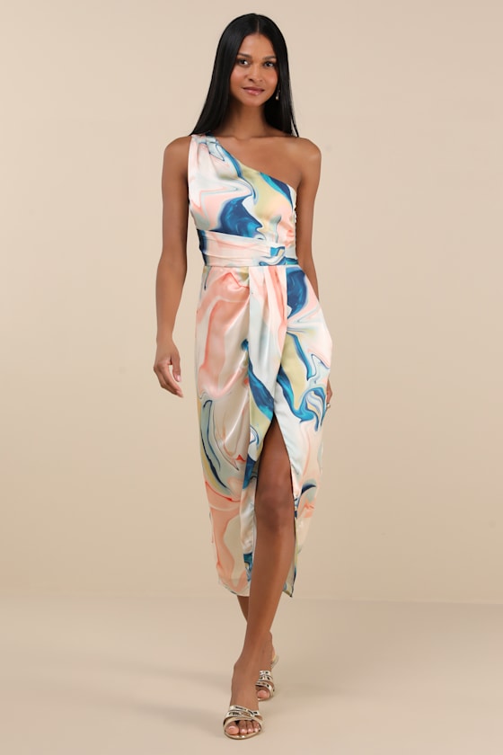 Rhema Blue Multi Abstract Print Satin Midi Dress