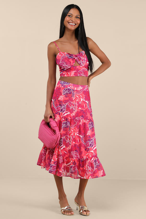 Floating Through Flowers Pink Floral Two-Piece Midi Dress