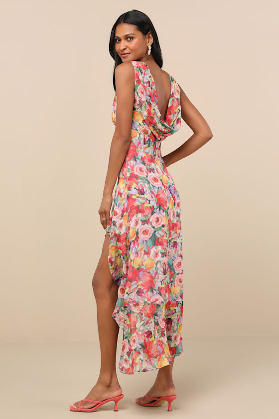 Laraline Peach Multi Floral Ruffled Cowl Back Maxi Dress