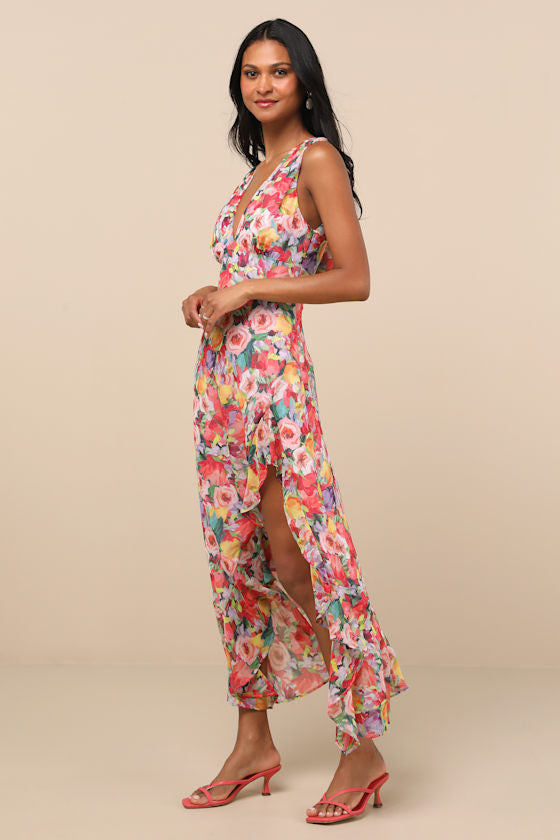 Laraline Peach Multi Floral Ruffled Cowl Back Maxi Dress