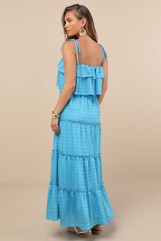 Inaya Aqua Blue Textured Tie-Strap Tiered Maxi Dress