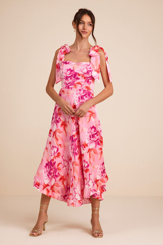 Fleurette Light Green Floral Tie-Strap Midi Dress