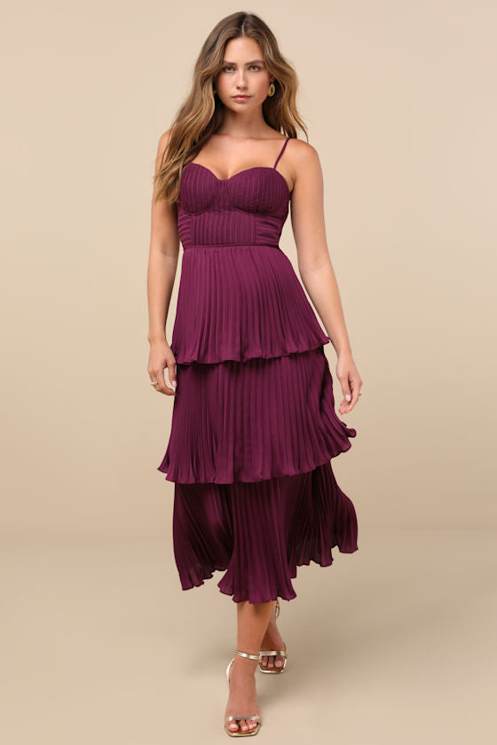 Cascading Crush Black Tiered Bustier Midi Dress