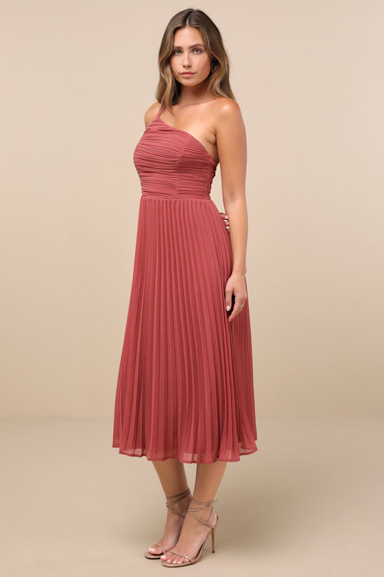 Wondrous Muse Plum Pleated One-Shoulder Midi Dress