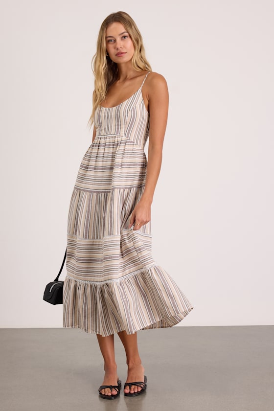Journi Taupe Striped Tiered Midi Dress