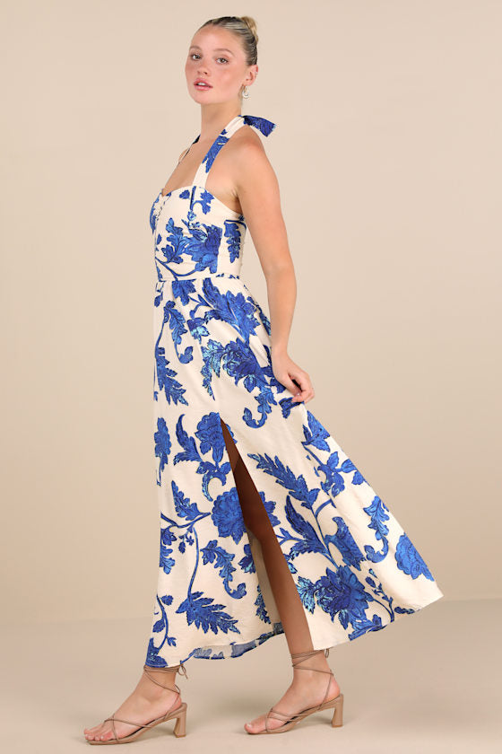Layton Pink and Cream Floral Halter Maxi Dress
