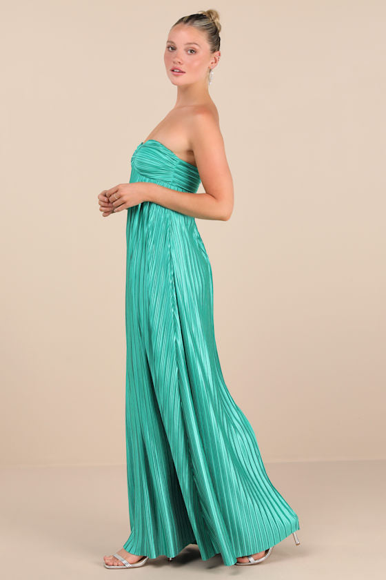 Whimsical Beauty Dark Purple Satin Plisse Strapless Maxi Dress