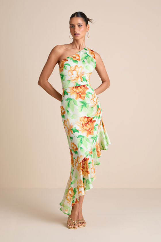 Divinely Blooming Lime Multi Floral One-Shoulder Midi Dress