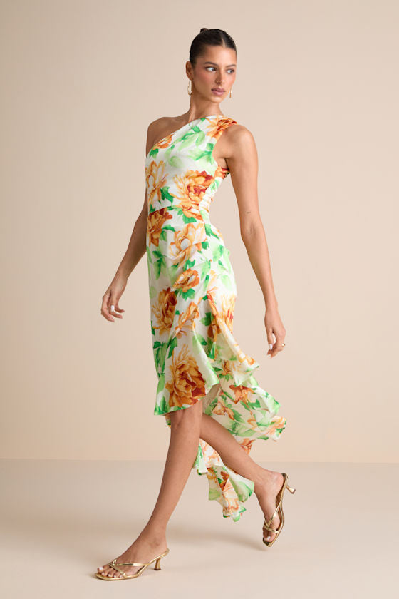 Divinely Blooming Pink Multi Floral One-Shoulder Midi Dress