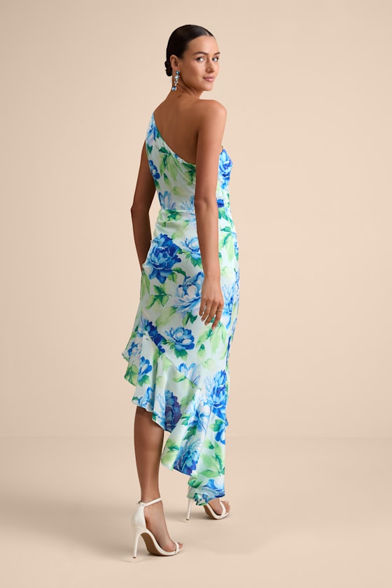Divinely Blooming Pink Multi Floral One-Shoulder Midi Dress