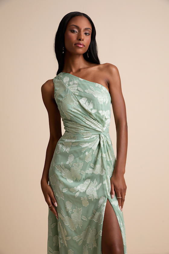 Renni Navy Blue Floral Jacquard One-Shoulder Maxi Dress
