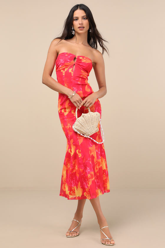 Islay Green Multi Abstract Mesh Strapless Midi Dress