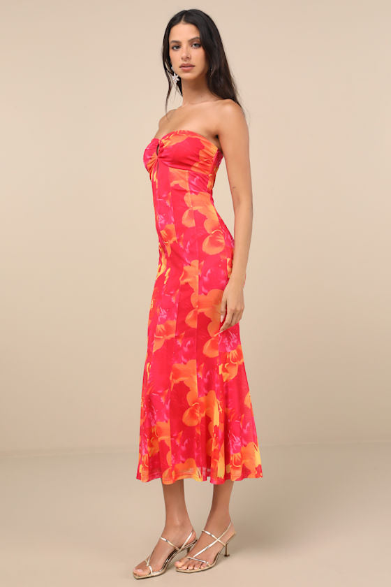 Islay Green Multi Abstract Mesh Strapless Midi Dress