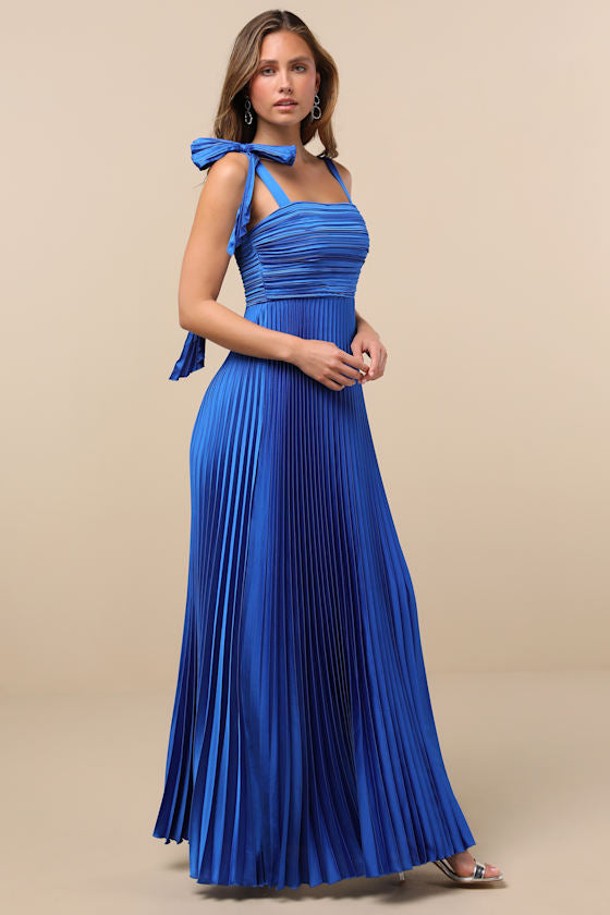 Gorgeous Purpose Slate Satin Pleated Sleeveless Bow Maxi Dress