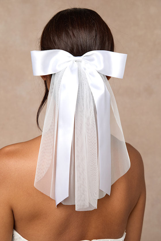 Ellia White Satin Tulle Layered Bow Hair Barrette