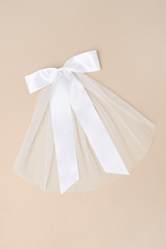 Ellia White Satin Tulle Layered Bow Hair Barrette