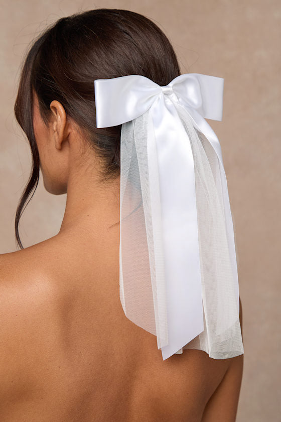Ellia White Satin Tulle Layered Bow Hair Barrette