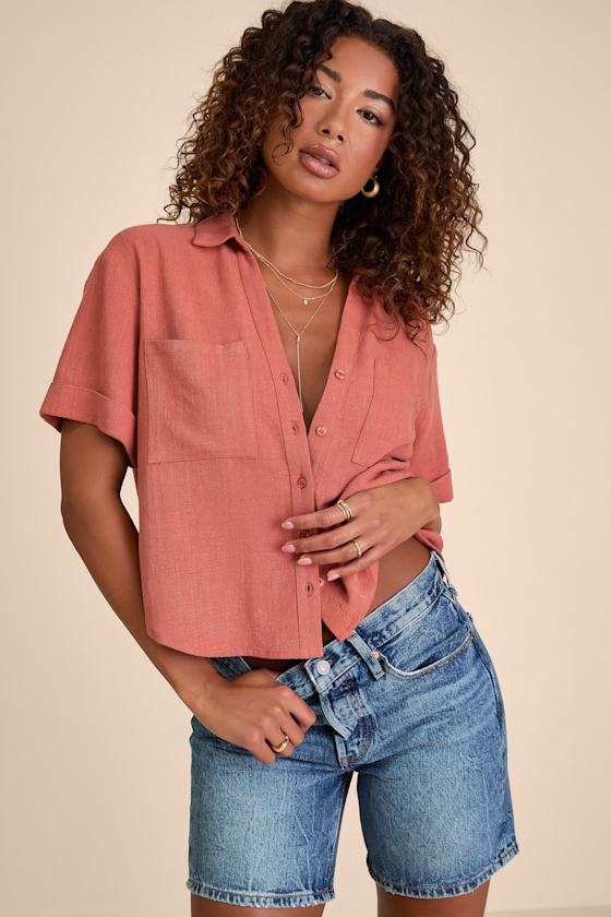 Summer Escapades Beige Linen Collared Button-Up Top
