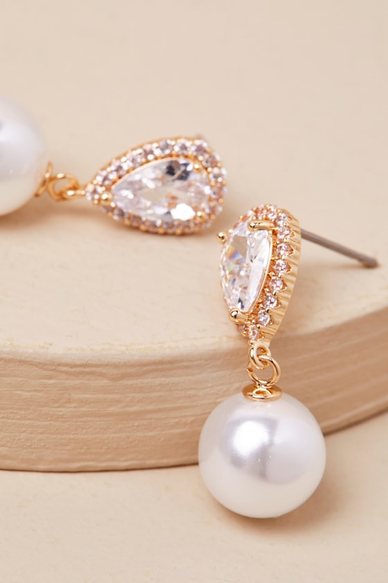 Miona Gold and White Pearl Rhinestone Drop Earrings