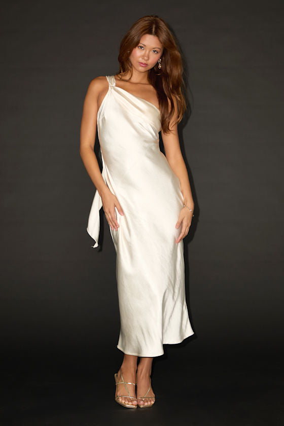 Naima Rust Red Satin One-Shoulder Midi Dress