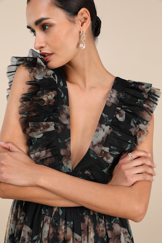 Simply Delighted Black Mesh Ruffled Backless Maxi Dress