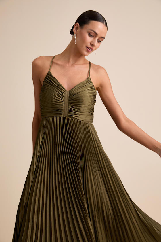 Dreaming in Color Green V-Neck Pleated Satin Maxi Dress