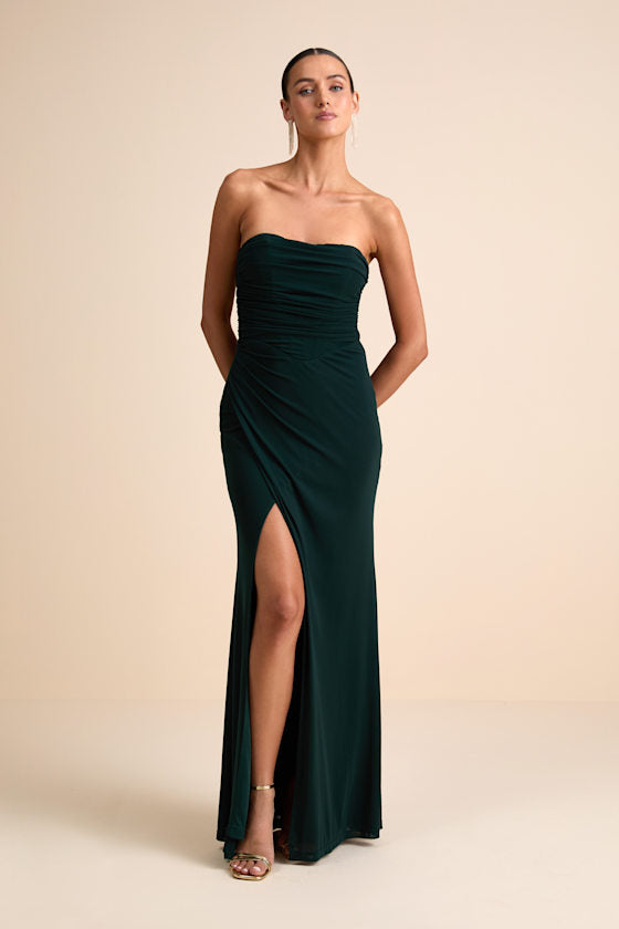 Epitome of Allure Bright Blue Mesh Strapless Ruched Maxi Dress