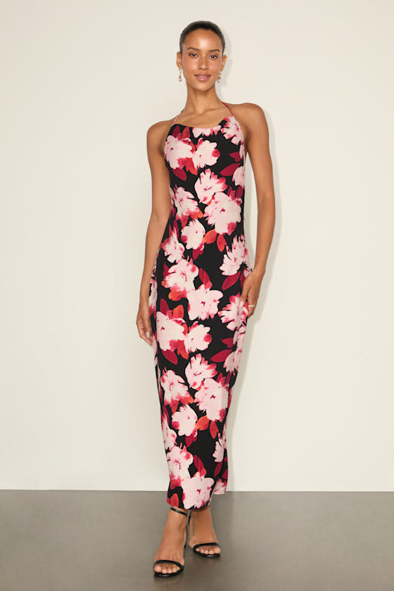Valdria Blue Abstract Cowl Halter Midi Dress