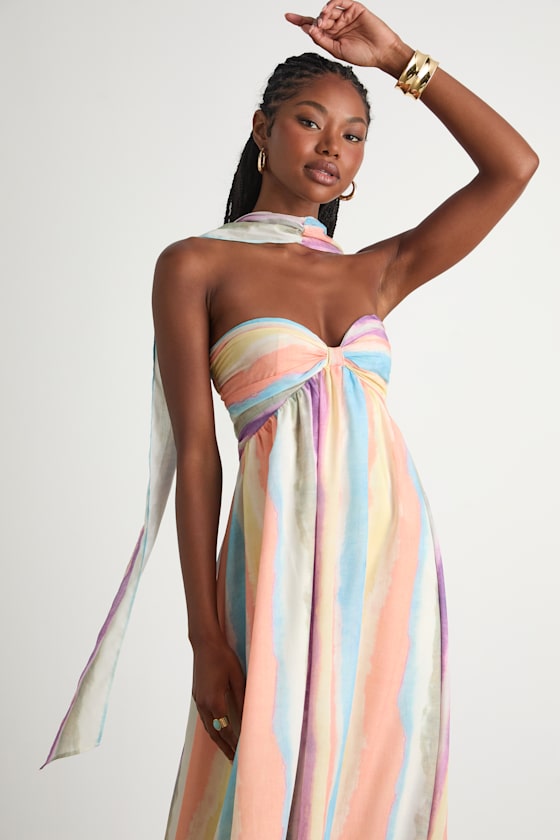Kelia Light Yellow Leaf Print Midi Dress and Scarf Set
