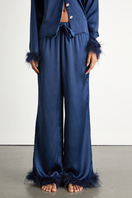 Dreamiest Delight White Satin Feather Two-Piece Pajama Set