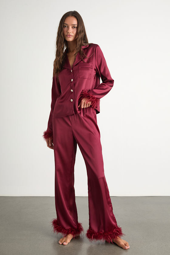Dreamiest Delight White Satin Feather Two-Piece Pajama Set