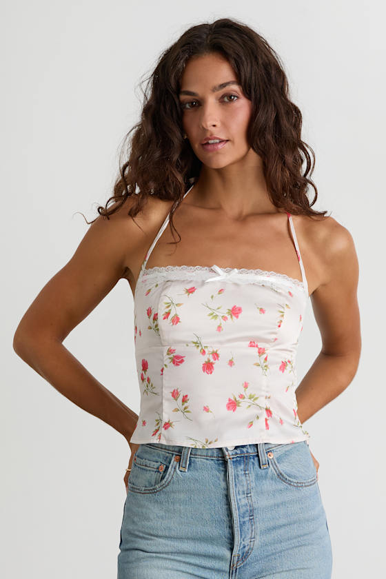 Demi Mauve Floral Satin Halter Cami Top