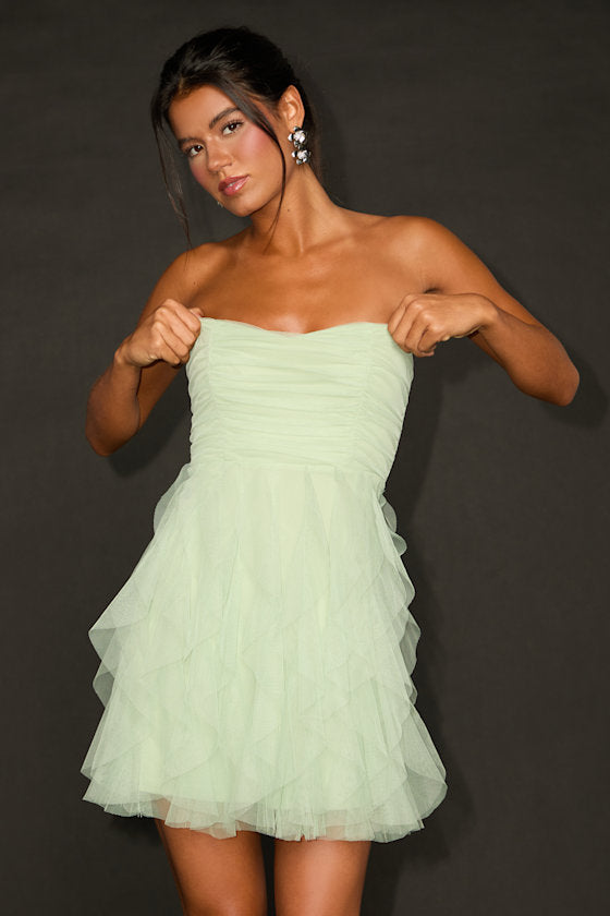 Delightful Beauty Light Blue Mesh Strapless Ruffled Mini Dress