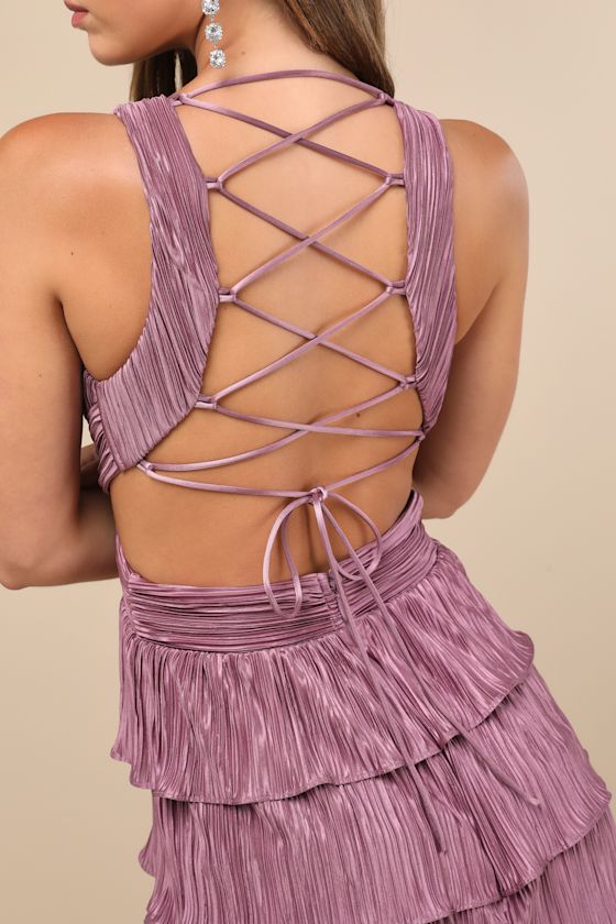Beauty Icon Pink Satin Pleated Tiered Lace-Up Maxi Dress