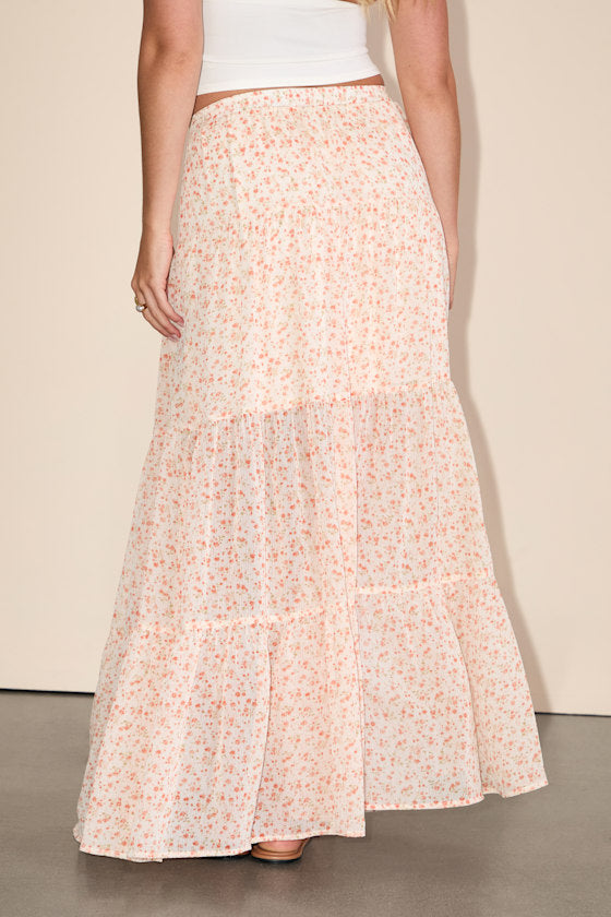 Subtle Sweetness Cream Floral Print Tiered Maxi Skirt