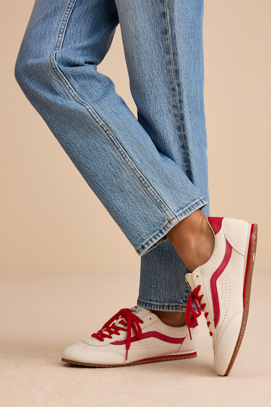 Super Lowpro Marshmallow and Racing Red Suede Leather Sneakers