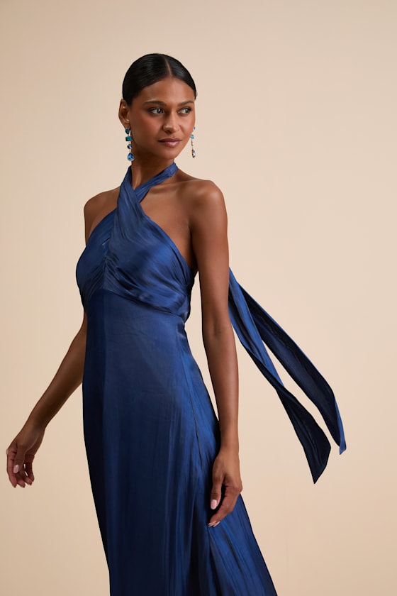 Canley Sage Satin Cross-Front Halter Maxi Dress